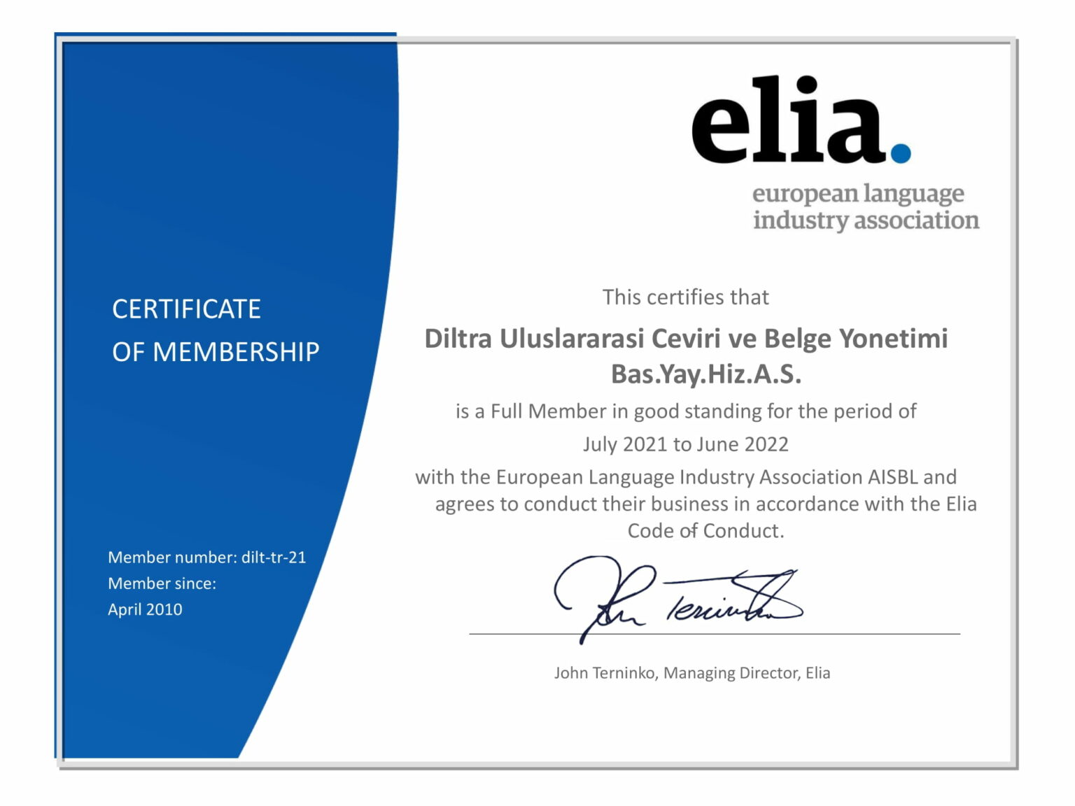 Certificates - Diltra Çeviri